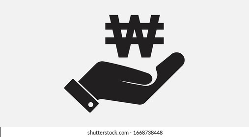 Money in hand. Vector icon. Vector illustration icon. South Korean Won  with hand icon