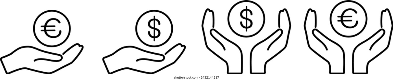 Dinero en mano. Conjunto de iconos vectoriales sobre fondo transparente