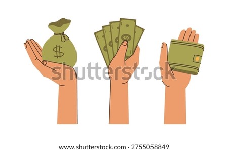 Money in hands of character. Vector in flat style, isolated dollar banknotes and sack of financial assets. Investment and deposit interest, savings and budget. Profit or salary, earnings payday