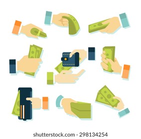 Money in hands icons flat style set