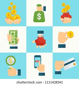 Money in hands icons set. Flat vector cartoon illustration. Objects isolated on a white background.