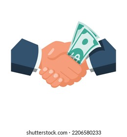 Money handshake. Corruption concept. Successful deal. Money in the palm. Banknotes in hand. Corrupt partnership. Illegal deal. Vector illustration flat design. Isolated on white background.