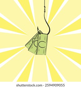 The money is hanging on a fishing hook on a bright background.