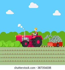 Money harvest agriculture business isometry concept flat web infographics vector illustration. Tractor field harvesting green plant inside dollar money banknote flying out to carriage.