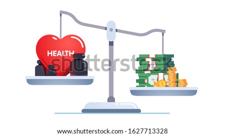 Money & health balance. Health care and treatment costs contradiction conflict. Healthcare, wealth earning on scales. Stack of cash versus red heart on scale. Flat vector illustration
