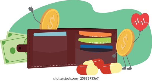 Money for health care, paid medicine. Vector illustration payment for medicines, life and health insurance