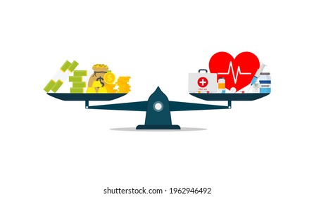 Money or health. Scale of balance between money, dollar and medicine, pill. Cost of health. Compare of price healthcare and healthy. Seesaw between wealth and healthy. Treatment or savings. Vector.