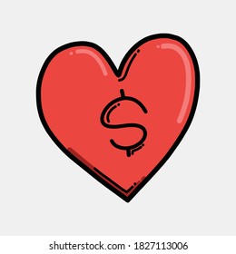 Money in heart color vector icon. Drawing sketch illustration hand drawn line.