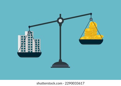 money and heavier property investment on a balance scale