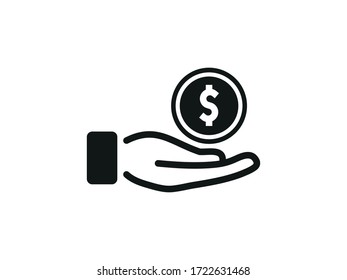 Money, Holding a coin in his hand icon. Vector money coin in hand isolated. Illustration icon money coin in hand for mobile apps. Pictogram money coin in hand for web. Minimalist style icon