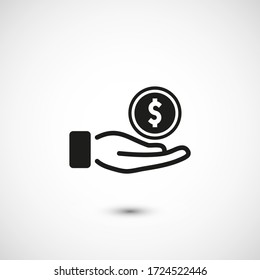 Money, Holding a coin in his hand icon. Vector money coin in hand isolated. Illustration icon money coin in hand for mobile apps. Pictogram money coin in hand for web. Minimalist style icon
