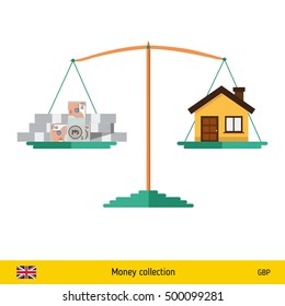 Money for home. British pound banknote. Real Estate Concept vector illustration.