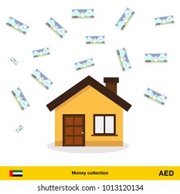 A lot of money for home. Dirham banknote. Real Estate Concept vector illustration.