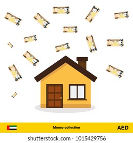 A lot of money for home. Dirham banknote. Real Estate Concept vector illustration.