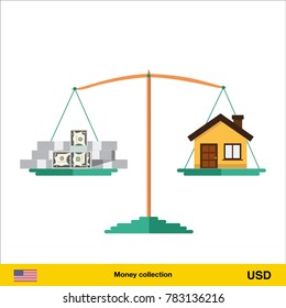 Money for home. Dollar banknote. Real Estate Concept vector illustration.