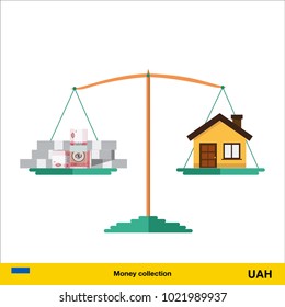 Money for home. Hryvnia banknote. Real Estate Concept vector illustration.
