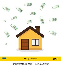A lot of money for home.  hryvnia banknote. Real Estate Concept vector illustration.