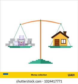 Money for home.  hryvnia banknote. Real Estate Concept vector illustration.