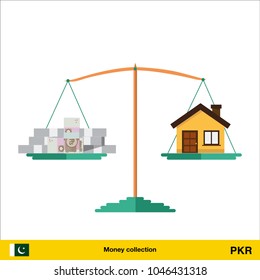 Money for home. Pakistan rupee banknote. Real Estate Concept vector illustration.