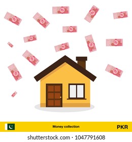 A lot of money for home. Pakistan rupee banknote. Real Estate Concept vector illustration.