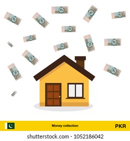 A lot of money for home. Pakistan rupee banknote. Real Estate Concept vector illustration.

