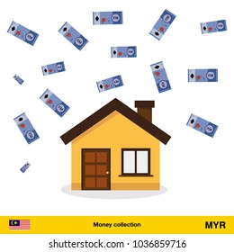 A lot of money for home. Ringgit banknote. Real Estate Concept vector illustration.