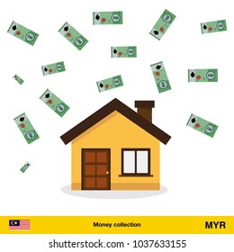 A lot of money for home. Ringgit banknote. Real Estate Concept vector illustration.
