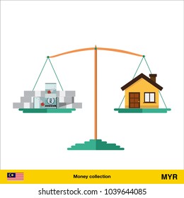 Money for home. Ringgit banknote. Real Estate Concept vector illustration.