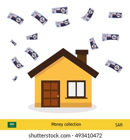 A lot of money for home. Saudi Arabian riyal banknote. Real Estate Concept vector illustration.