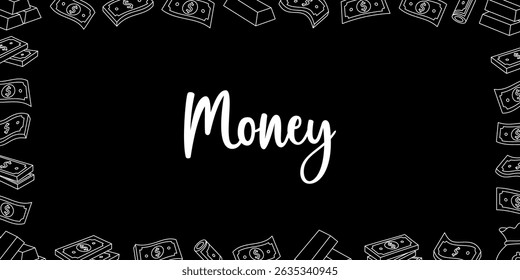 Money horizontal banner. Flying cash, banknotes, stack of money, dollar bills, gold coins and bars. Money investment concept.