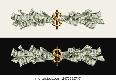 Money horizontal composition, banner with 100 dollar notes, banknotes, bills. Golden dollar sign in center. Illustration, design element in vintage style.