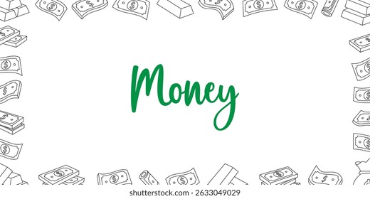 Money horizontal outline banner. Flying cash, banknotes, stack of money, dollar bills, gold coins and bars. Money investment concept.