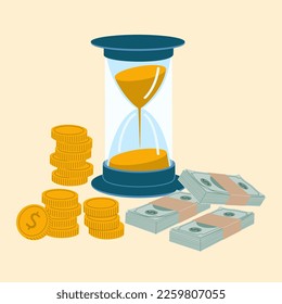 Money and hourglass clock  Growth  income  savings  investment  Time is money  Business success  Hand drawn vector illustration isolated light background  modern flat cartoon style 