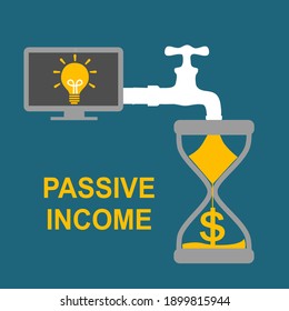 Money  in hourglass flowing from tap connected with computer in flat design. Passive income concept vector illustration. Business investment income.