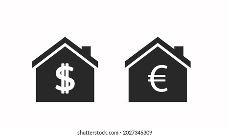 Money House Icon Set. Vector isolated lfat editable illustration of houses with dollar and euro signs