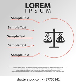 money and house on scales icon. money and house on scales infographics template