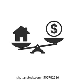 Money and house scales icon. Dollar coin and house balance on scale. Real estate sale. Weights with house and money coin. Vector isolated sign.