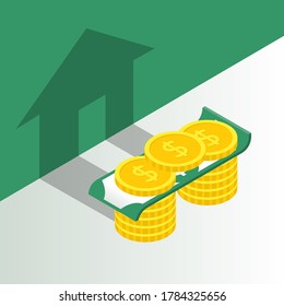 Money in the house. Stacks of coins and bills create shadow. Vector illustration isometric 3D design. Isolated on white background.