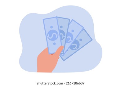 Money in human hands flat vector illustration. Rich man holding dollar banknotes. Savings, finance, business, currency, banking concept for banner, website design or landing web page