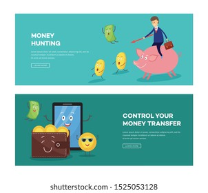 Money hunting and transfer control landing page banner set. Businessman chasing gold coins and dollar bills, happy cartoon phone and full wallet, finance and business themed flat vector illustration