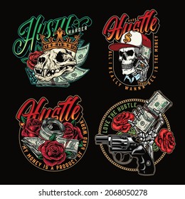 Money and hustle vintage labels with skeleton hands holding dollar banknotes gun roses cash banknotes diamonds cat skull in gold crown and human skull in baseball cap isolated vector illustration