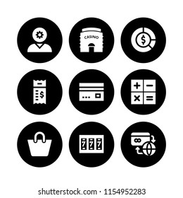 money icon. 9 money set with casino, bill, slot machine and business and finance vector icons for web and mobile app