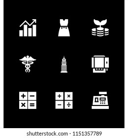 money icon. 9 money set with skyscraper, cashier, calculator and caduceus vector icons for web and mobile app