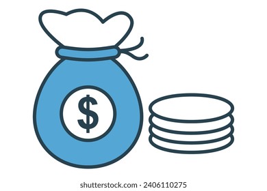 Money icon. money bag with coins. icon related to finance. flat line icon style. element illustration