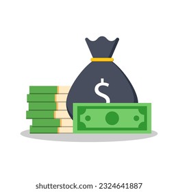 icono de dinero. bolsa de dinero y pila de billetes ilustración vectorial