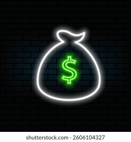 Money icon with bag, vector. big bag of money. neon style. tied with a rope with a dollar sign.