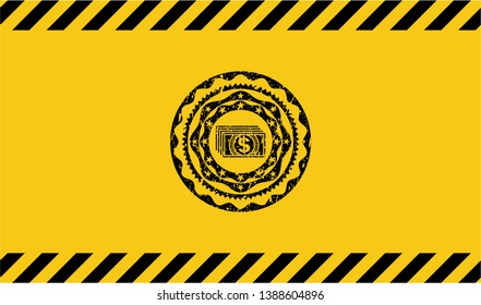 money icon black grunge emblem inside yellow warning sign. Vector Illustration. Detailed.