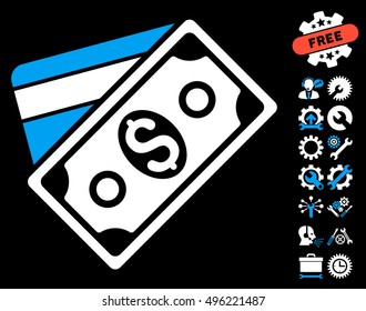 Money icon with bonus tools pictogram. Vector illustration style is flat iconic bicolor symbols, blue and white colors, black background.