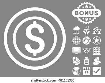 Money icon with bonus. Vector illustration style is flat iconic symbols, white color, gray background.
