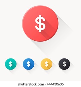 money icon or button in flat style with long shadow, isolated vector illustration on white transparent background
